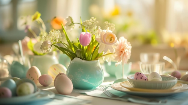 Pasqua festiva servita tavola con uova dipinte bouquet di fiori in camera