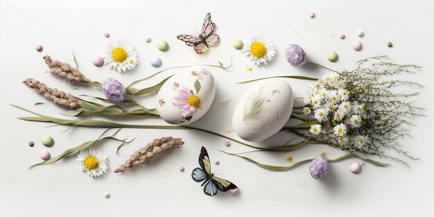 Pasqua uova dipinte nido di farfalla Coniglietto di Pasqua e fiori su uno sfondo bianco