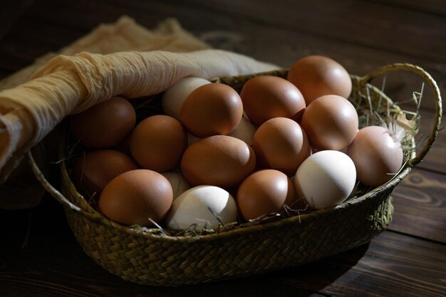Pasqua zero rifiuti Pollo e uova di quaglia in un cesto su un tavolo di legno