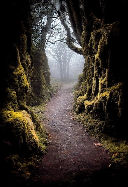 Passaggio nella foresta oscura tra le pareti degli alberi