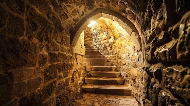 Passaggio sotterraneo segreto che conduce al cuore di un castello medievale Luogo cupo fantasmi polvere tunnel segreto paranormale gotico medioevo rovine umidità misticismo paura Generativo da AI