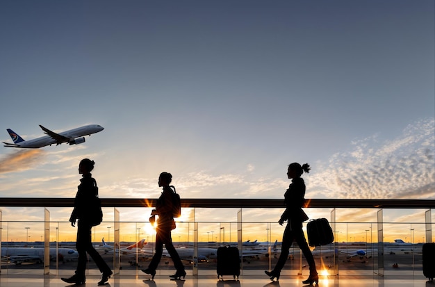 Passando attraverso i viaggiatori Radiance nel terminal dell'aeroporto al tramonto