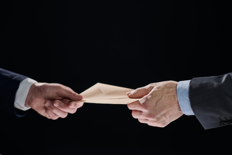 Foto passando denaro di tangente nella busta in ufficio uomo d'affari a mano prendendo denaro di tangenti
