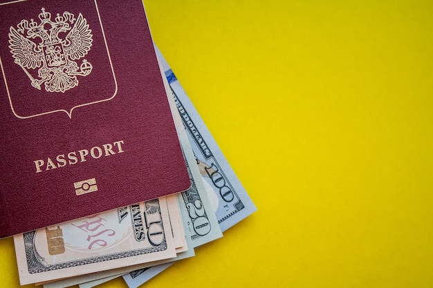 Passaporto con layout di dollari USA su sfondo giallo