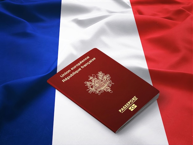 Passaporto francese sulla parte superiore di una bandiera francese