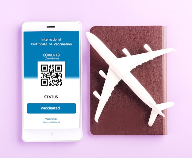 Passaporto modello aeroplano e pass di immunità sono disposti su applicazione smartphone