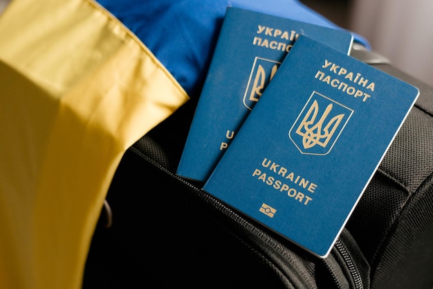 Passaporto straniero ucraino su una valigia