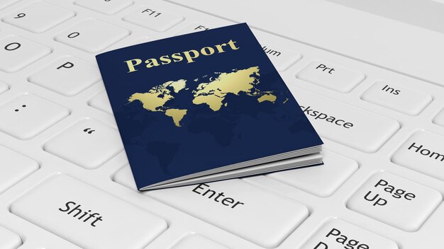 Passaporto sulla tastiera del computer portatile bianco