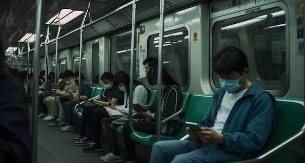 Passeggeri che indossano maschere protettive mentre viaggiano in metropolitana durante la pandemia