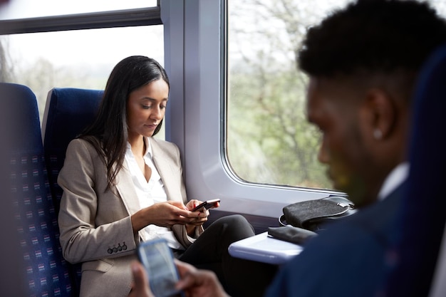 Passeggeri d'affari seduti in treno che si recano al lavoro guardando i telefoni cellulari