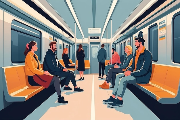 Passeggeri dei trasporti pubblici Uomini e donne seduti e in piedi in un moderno vagone della metropolitana