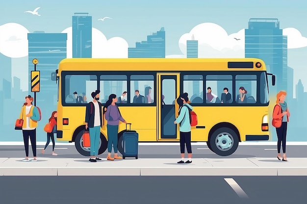 Passeggeri in attesa di un autobus pubblico in città Illustrazione piatta Trasporto a cartoni animati