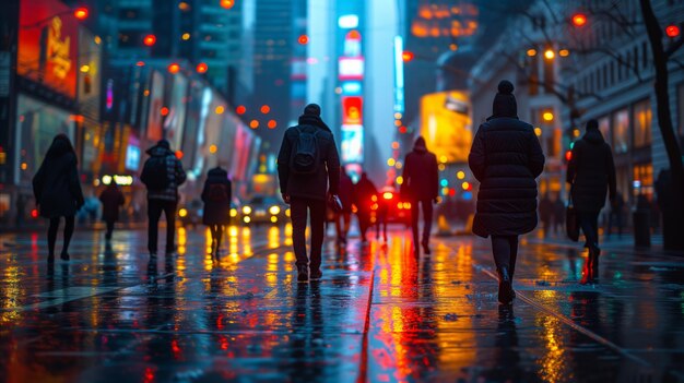 Passeggeri urbani che camminano per una strada piovosa al crepuscolo