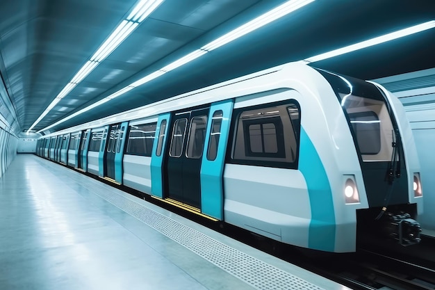 Passeggero della metropolitana elettrica nella moderna città futuristica AI generativa