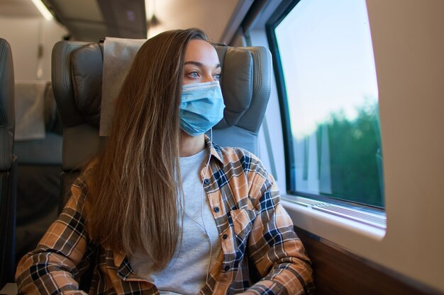 Passeggero di giovane donna casual in una mascherina medica guardando attraverso la finestra mentre viaggia in sicurezza in treno. Protezione da virus e maschera facciale nei trasporti pubblici