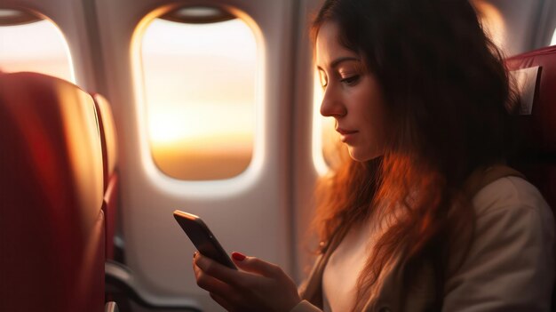 Passeggero di InFlight Digital Experience usa lo smartphone contro l'interno dell'aereo sfocato