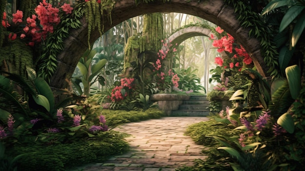 Passeggiando in un'oasi di giardino sereno Una passerella di pietra fiancheggiata da fiori vivaci e piante rigogliose Generative AI