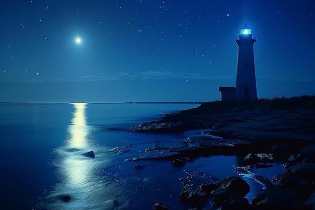 Passeggiare lungo la costa illuminata dalla luna dove il faro generativo ai