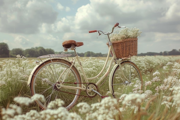 passeggiata in bicicletta attraverso la campagna con dei fiori nel cesto della bicicletta fotografia professionale