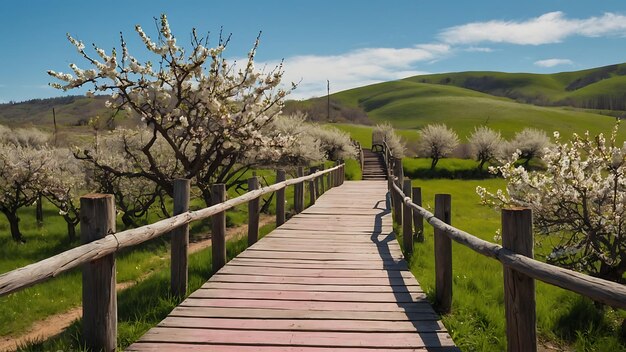 Passeggiata in legno nel paesaggio primaverile