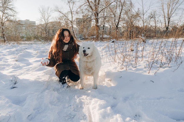 Passeggiata invernale con il tuo animale domestico Samoiedo preferito