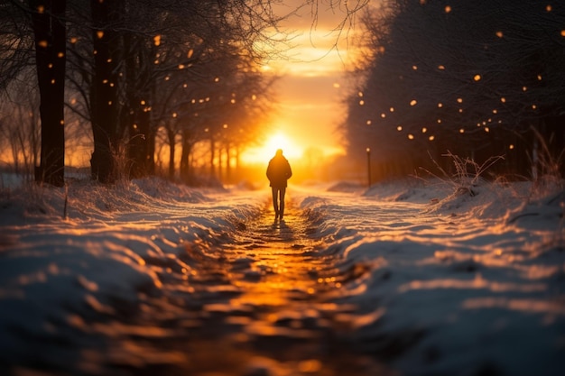 Passeggiata invernale Persona cammina sulla strada innevata al tramonto