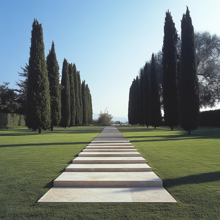 Foto passeggiata nel parco con i cipressi sullo sfondo