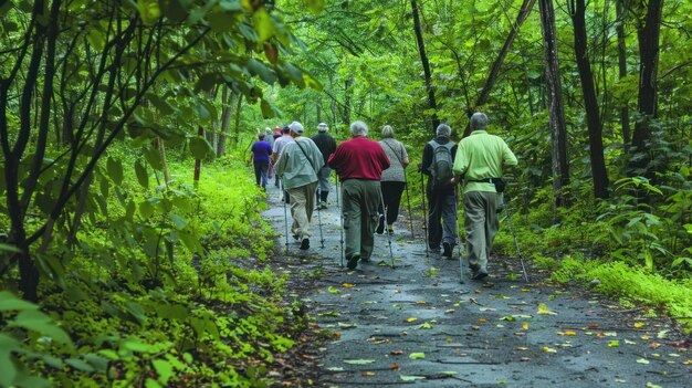 Passeggiata per anziani nel bosco verde