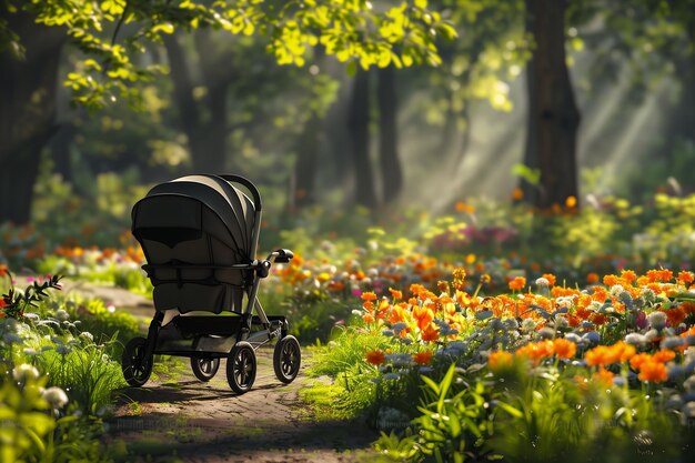 passeggino moderno in un giardino di sentieri