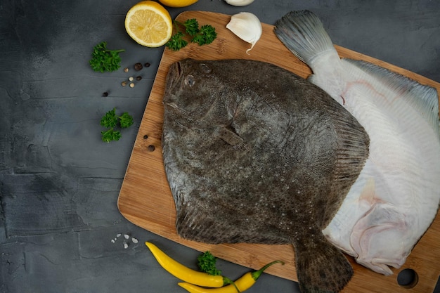 Passera di pesce crudo con spezie. Frutti di mare su uno sfondo di pietra grigia. Vista dall'alto. Spazio di copia gratuito. Pesce BIO.