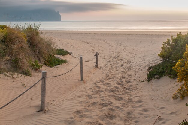 Passerella in legno che entra in spiaggia al sorgere del sole