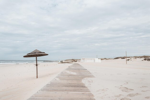 Passerella in legno sulla spiaggia con un ombrellone in riva all'oceano Riposo sul mare e sul paesaggio Bellissimo paesaggio sull'oceano