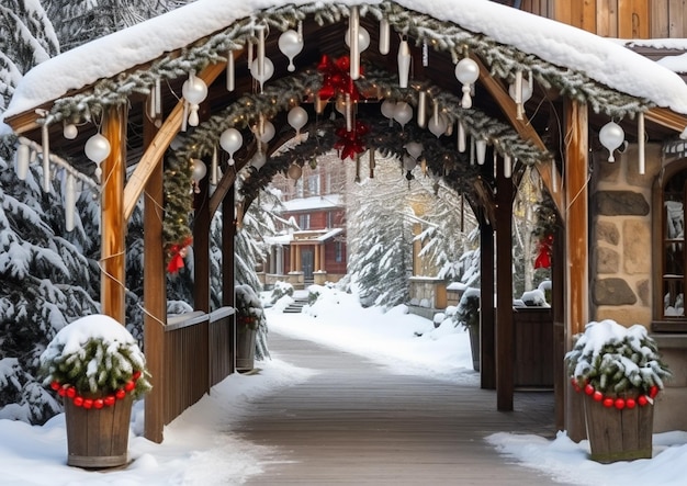 Passerella innevata con decorazioni natalizie e decorazioni su di esso generativo ai