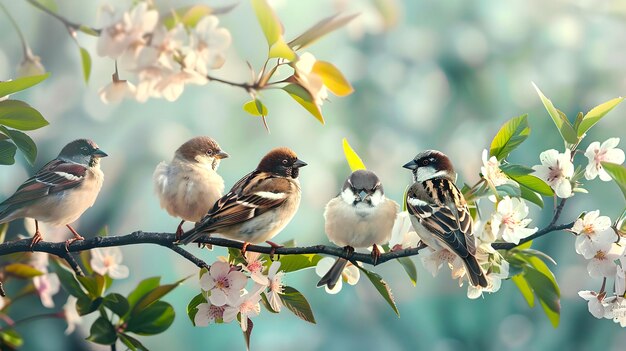 Passeri appoggiati su un ramo di fiori di ciliegio in primavera Una scena serena con la fauna selvatica e la flora che interagiscono Perfetto per temi naturali e stampe decorative AI