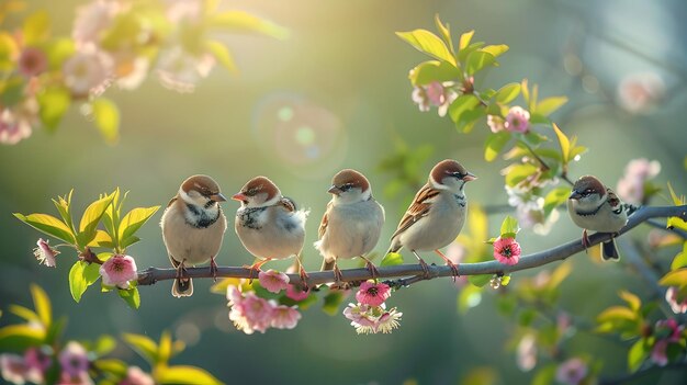 Passeri appoggiati su un ramo in fiore alla luce dorata Scena naturale serena con la fauna selvatica Perfetto per disegni e sfondi a tema primaverile AI