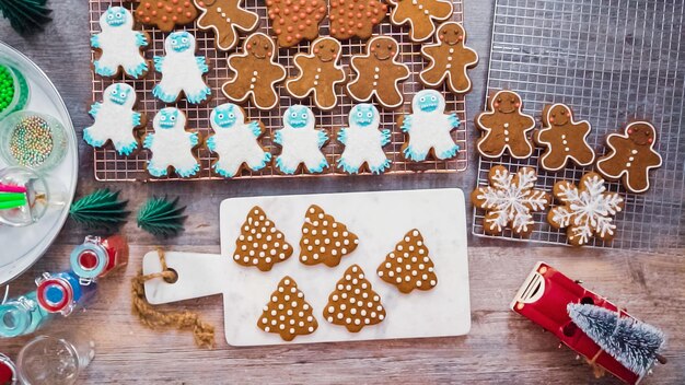 Passo dopo passo. Disposizione piatta. Decorare i biscotti di pan di zenzero con la ghiaccia reale.