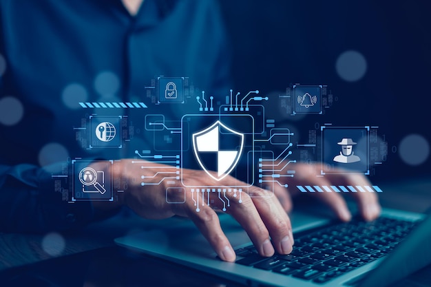 Password di sicurezza login online Protezione dei dati cyber Internet sicurezza privacy Internet tecnologia concetto su schermo virtuale e protezione dei dati avviso di hacker dopo un attacco informatico sulla rete
