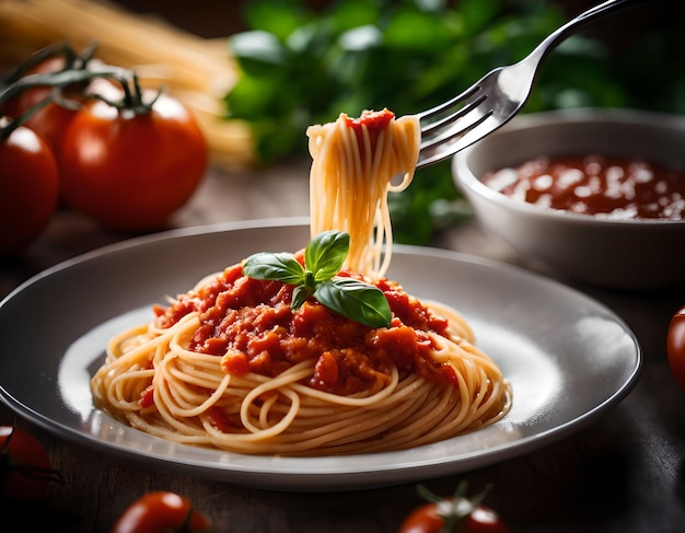 Pasta agli spaghetti con una deliziosa salsa di pomodoro fatta in casa