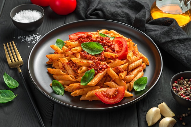 Pasta alla bolognese con basilico e primo piano di pomodori freschi. Un piatto della tradizione italiana.