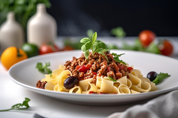 Pasta alla bolognese con salsa di pomodoro su un piatto Cucina italiana generata dall'intelligenza artificiale