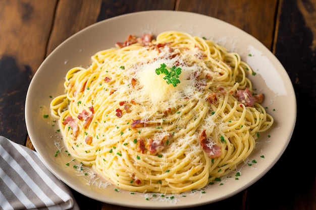 Pasta alla carbonara servita su piatto nel ristorante