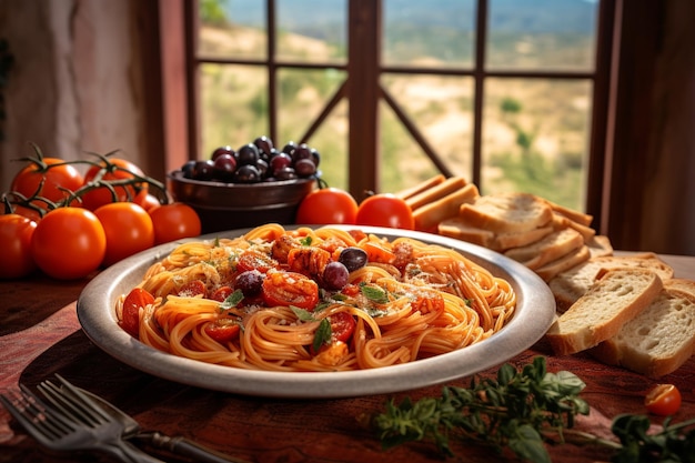 Pasta alla Norma guarnita con ricotta e basilico fresco con aranceti siciliani delicatamente fuori