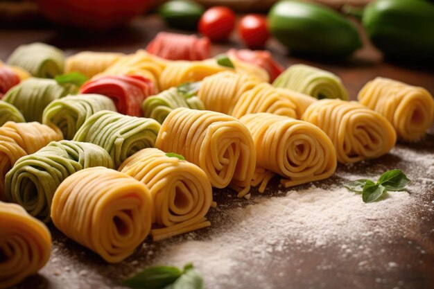 Pasta arrotolata con i colori della bandiera italiana sullo sfondo creata con l'IA generativa