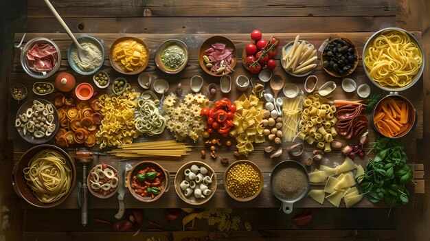 Pasta assortita e ingredienti su un tavolo di legno rustico perfetto per la ricetta di sfondo cucina italiana elementi essenziali fotografia alimentare AI