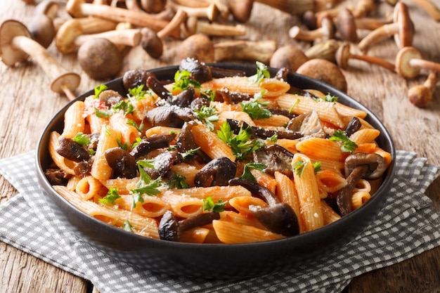 Pasta calda italiana con funghi chiodini arrostiti, parmigiano e salsa di pomodoro, in un piatto