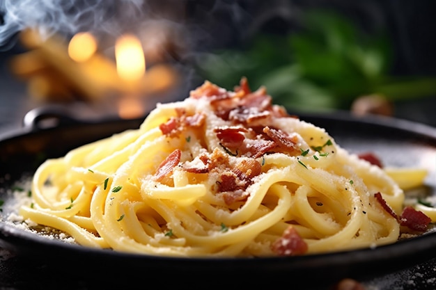 Pasta carne cibo bacon formaggio salsa italiana carbonara farina spaghetti AI generativa