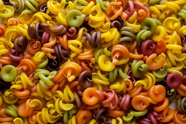 Pasta colorata a forma di spirale Pasta italiana secca in cinque colori spazio per il testo