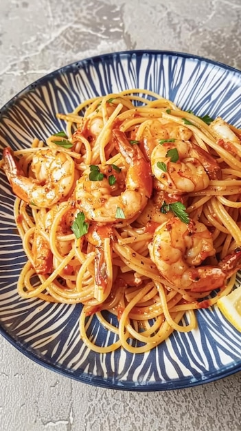 Pasta con gamberetti, pomodori e basilico su un piatto