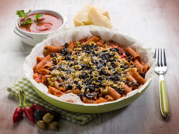 Pasta con olive pomodoro e formaggio