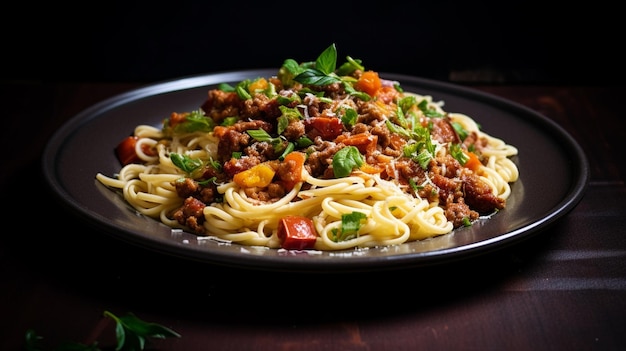 Pasta con polpette e salsa di pomodoro, sfondo nero